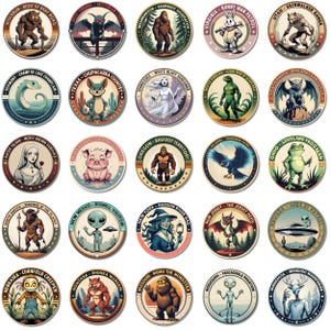 50 State Cryptid Badge Bundle PNG – American Folklore Cryptid Clipart Set, Retro Printable Badges