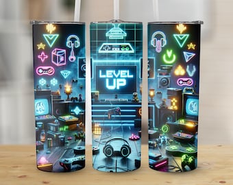 May include: A cylindrical tumbler with a vibrant neon gaming design. The design features the words "LEVEL UP" on a screen, along with game controllers, headphones, and other gaming-related icons in neon colors. The overall theme is a gamer's paradise.