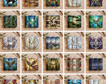 May include: A collection of decorative tumblers with stained glass designs. Each tumbler features a unique image, including a black cat, a butterfly, a dove, a hummingbird, a griffin, a unicorn, a lamb, a pegasus, an owl, a phoenix, a deer, and more.