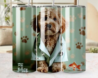 May include: A brown and white dog wearing a light blue doctor's coat with a stethoscope around its neck. The dog is standing in front of a green background with brown paw prints. A small orange goldfish is swimming in the water to the right of the dog.