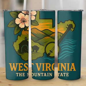 Kaart van de staat West-Virginia digitale PNG, Mountain State Art, banjo-illustratie, commercieel gebruik, 20oz mager bekerontwerp