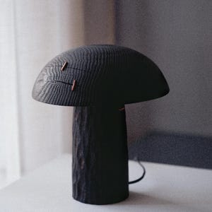 May include: A black mushroom-shaped table lamp with a textured, wood-grain finish. The lamp has a rounded top and a cylindrical base, with copper-colored accents. The lamp is on a white surface.