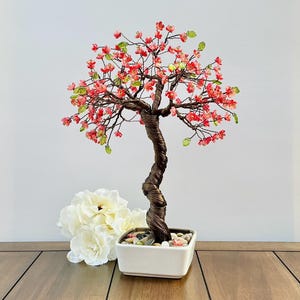 Cherry Blossom Flower Tree, Copper Wire Sculpture with Glass Beads, Tree of Life, Nature Feng Shui