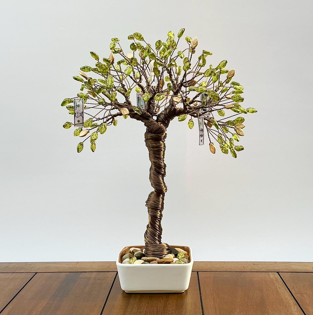 Copper Coin Tree Money Tree, Copper Wire Sculpture, Green and Gold Czech Glass Leaf ...