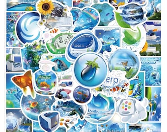 Frutiger Aero Aesthetic Y2K Sticker Pack 55 Pieces | Webcore Cybercore MS Paint Windows XP Dolphin Clownfish Aqua Utopia | Laptop Decal
