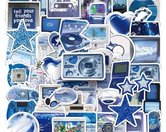 50 Stück Blaue Retro Tech Aufkleber Set Y2K Frutiger Aero Aesthetic, 90s 2000s Nostalgie Webcore Cybercore Aqua Utopia