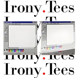 Op de afbeelding: De afbeelding toont de tekst "Irony. Tees" in een vetgedrukte, zwarte letter, met een rode stip. Twee open Paint-vensters zijn eronder geplaatst. De vensters zijn grijs met een wit canvas en een kleurenpalet.