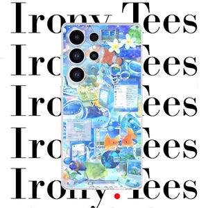 May include: A clear phone case featuring a vibrant collage design. The design incorporates fish, flowers, computer windows, and bubbles. The text "Irony Tees" is printed in black on a white background.