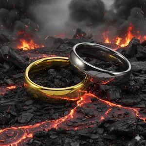 Op de afbeelding: Twee ringen, één goudkleurig en één zilverkleurig, liggen op een bed van donkere houtskool en gloeiende lava. De goudkleurige ring heeft een gepolijste afwerking, terwijl de zilverkleurige ring een reflecterend oppervlak heeft. De achtergrond toont vlammen en rook.