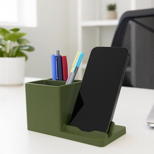 Organizador de escritorio con soporte para teléfono – Base para iPhone y portalápices – Organizador de espacio de trabajo – Configuración de escritorio minimalista – Herramienta de productividad para la oficina