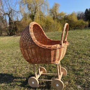 Natural Wicker Baby Carriage,Doll Stroller,Push Toy For Toddler Girls,Flower Basket, Eco Toy Basket,Baby Shower Decor,Kids Doll Pram
