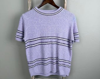 Vintage 60s/70s Sears Women's Purple Acrylic Striped Shortsleeve Shirt Large