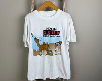 Vintage 90s Funny Mobile Scud Launcher Camel Balls White T Shirt Large, USA