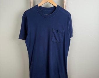 Vintage 80s USA Made Blue Blank Single Stitch Pocket T Shirt size Med