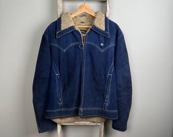 Vintage 70s Harley Davidson AMF Blue Leather Suede Sherpa Zip Jacket 48, Large