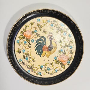 Vintage Hand Painted Rooster and Roses Tray – Mid Century Japanese Folk Art Decorative Wall Plate – Alcohol Proof Japan
