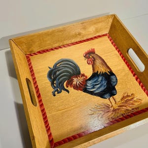 Hand-Painted Wooden Rooster Tray – Signed by J. Bauerschmidt