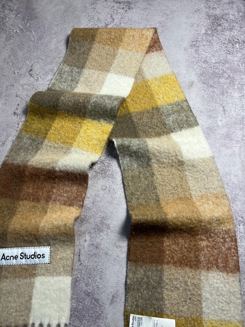 Acne Studios Rutig Ull Mohair Halsduk Rutig Fransar Flerfärgad Flerfärgad Unisex Tillverkad i Italien Logotyp bild 12