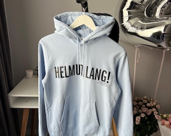 Helmut Lang Logo Print Hoodie Light Blue Size S Mens Made In Portugal Luxury Hooded Big Logo 100% cotton