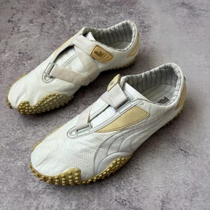 Vintage Puma Mostro White Leather Speed Cat Trainers | Y2K Slip-On Sneakers | EU 45 US 11.5 | Rare Spiked Sole Sportstyle Shoes Mens