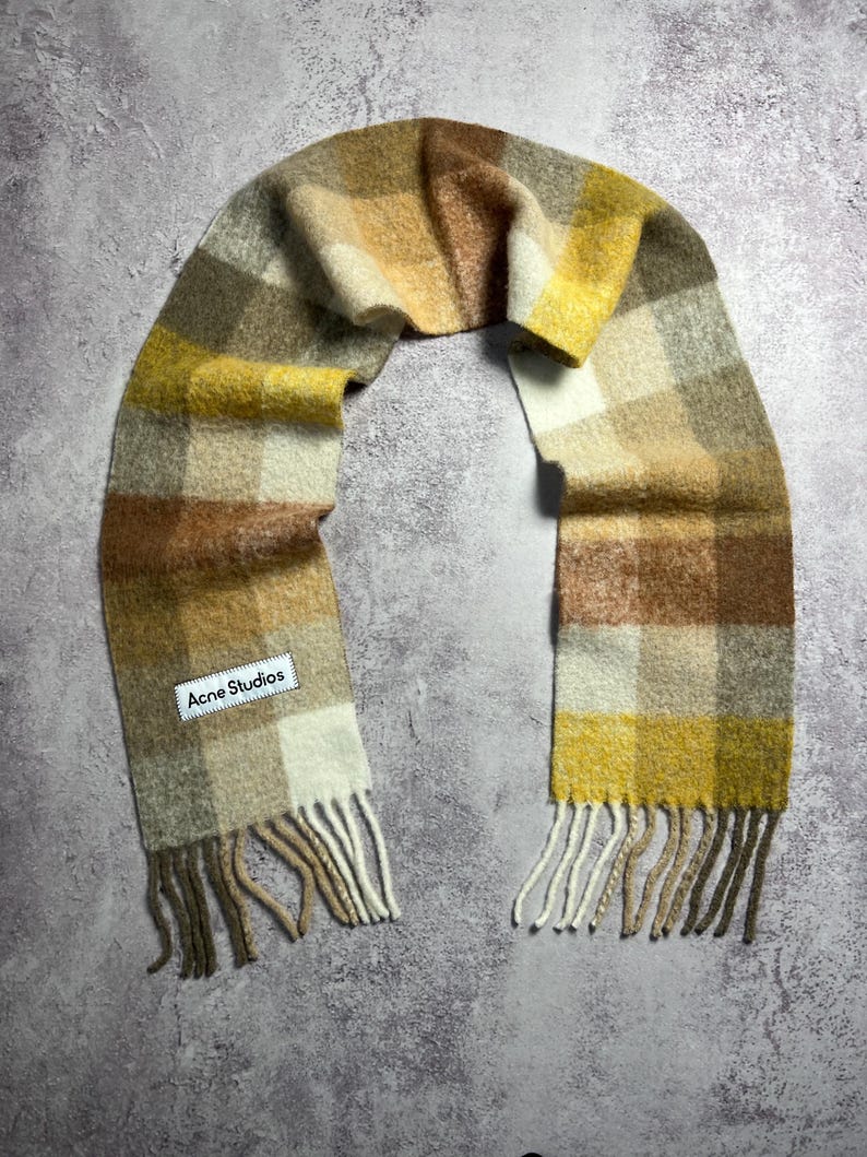 Acne Studios Rutig Ull Mohair Halsduk Rutig Fransar Flerfärgad Flerfärgad Unisex Tillverkad i Italien Logotyp bild 8