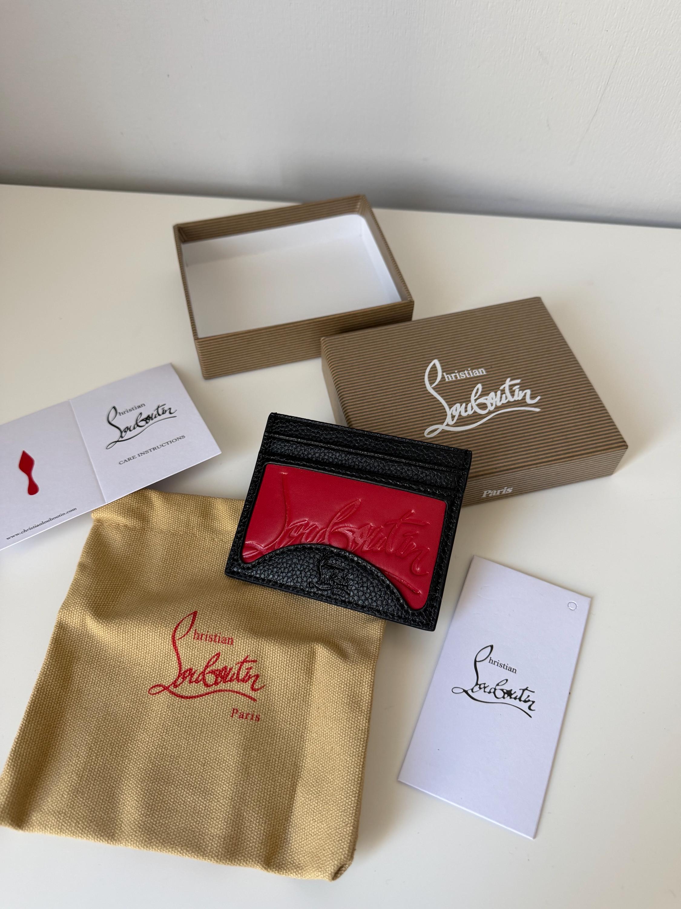 Christian Louboutin Black Leather Card Holder Red Logo Wallet Auth w/ Box