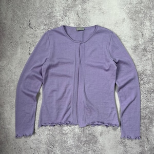 Vintage Dior Purple Wool Ruffle Hem Cardigan – Made in Italy, Minimalist Lightweight Knit Top, Luxury Designer Buttonless Sweater S