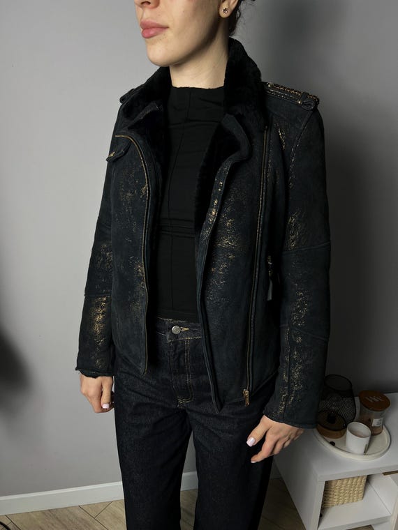 7 For All Mankind, 7 For All Mankind Coated Shearling Jacket Lamb Leather Fur New! Women Size S Black