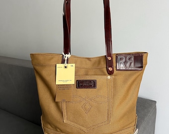 Vintage RRL Dubbel Ralph Lauren Canvas & Läder Tote Denim Väska Brun - Ny Med Etiketter Ficka Bomull