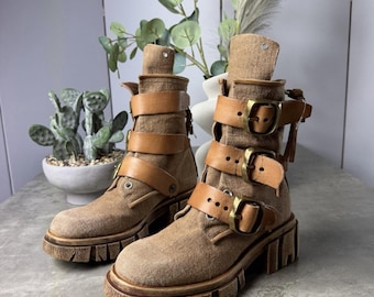 AS98 Women’s Ankle Boots EU 37 Brown Canvas Leather Straps Buckle Platform US 7