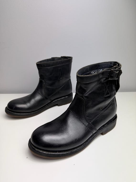 Dirk Bikkembergs, Vintage Dirk Bikkembergs Black Leather Ankle Boots Biker Buckle EU 37 US 6 Made in Italy