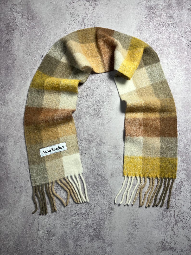Acne Studios Rutig Ull Mohair Halsduk Rutig Fransar Flerfärgad Flerfärgad Unisex Tillverkad i Italien Logotyp bild 7