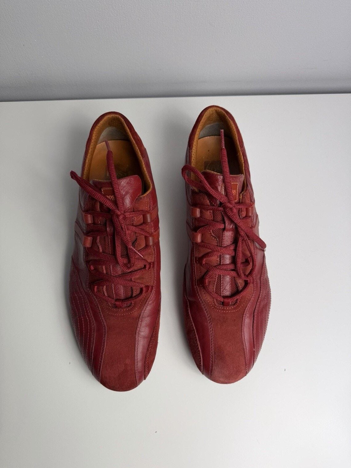 Vintage Hugo Boss Leather Racing Sneakers Men EU 43 US 10 Designer Casual Shoes, foto 4 di 5