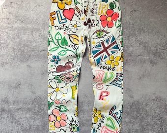 Nyhet! Vintage Dolce & Gabbana DG Dam Graffiti Jeans Färgglatt Mönster Flerfärgat Fulltryck US4 Madr i Italien