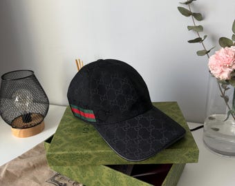 Gucci GG Monogram Baseball Cap Black Web Stripe Adjustable Hat Size M Italy