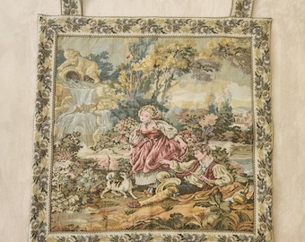 Vintage French Rococco Tapestry "Fountain by the Lake" by Francois Boucher - Romantic Couple with Dog - French Country Traditional European