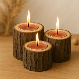 Rustic Tree Branch Candle Holders – Set of 3, Wooden Tealight Holders, Reclaimed Wood Decor, 5th Anniversary Gift, Hygge Style