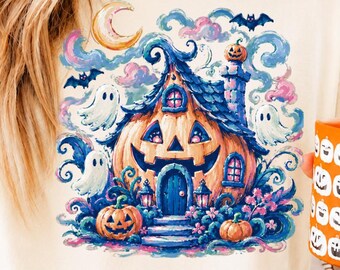Haunted Pumpkin House Halloween PNG, Whimsical Ghosts Bats (Digital Download)