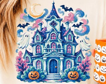 Haunted House Black Cat Pumpkin PNG, Spooky Ghosts Bats Moon (Digital Download)