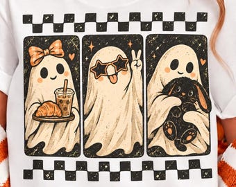 Geist Freunde PNG | Retro Panel Gespenster Trio | Niedliches Halloween-Geist Design | Kokette Geister Bogen Shirt Grafik | Gruselige Saison Sublimation