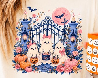Cute Ghost Gate PNG, Halloween Ghost PNG, Floral Pumpkin PNG Digital Download
