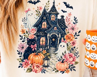 Floral Haunted House PNG, Spooky Ghosts, Black Cat, Pumpkins (Digital Download)