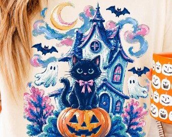 Black Cat Haunted House PNG, Halloween Pumpkin PNG, Brush Stroke Ghost PNG Digital Download