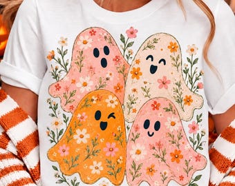 Blumengeist (PNG), Niedlicher Halloween-Geist (PNG), Wildblumengeister (PNG), Gruselige Jahreszeit für Mädchen, Herbstliches Shirt-Design im Preppy-Stil, Sublimationsdruck für Geisterliebhaber