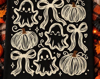 Retro-Halloween-Graffiti (weiße Umrisse, PNG), Preppy-Halloween-Geist (PNG), Kürbis-Halloween (PNG), Gruselsaison-Graffiti (PNG), Kokette Schleife, Geist im Used-Look (PNG)