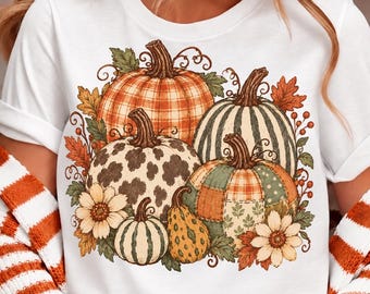 Retro-Kürbisbeet-PNG, Leoparden-Herbstmotiv (Vorder- und Rückseite)-PNG, Trendiges Herbstdesign, Vintage-Herbstshirt, Gemütliches Herbstmotiv-PNG, Kürbis vom Bauernhof (PNG)