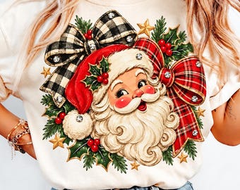 Retro-Weihnachtsmann (PNG), Weihnachtsmann (PNG), Karoschleife (PNG), Vintage-Weihnachtsmann, Karomuster für Weihnachten, Design für festliche T-Shirts, Weihnachtssublimation