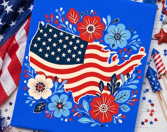 Patriotic Crossed Flags PNG, Floral American Flag PNG, 4th of July Shirt Design, Folk Art USA Sublimation