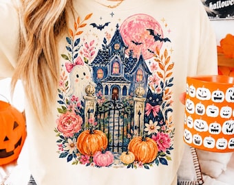 Floral Haunted House PNG, Spooky Ghost, Black Cat, Pumpkins (Digital Download)