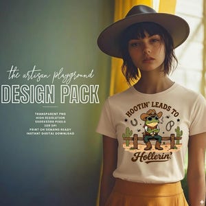 May include: A woman wearing a white t-shirt with a cartoon frog cowboy graphic. The graphic includes the text "Hootin' Leads to Hollerin'". The image also features the text "the artisan playground DESIGN PACK".
